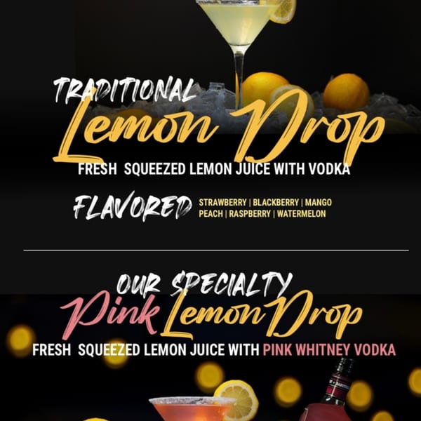 Traditional Lemon Drop and Pink Lemon Drop cocktails with lemons and ice on a dark background.