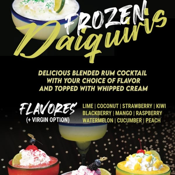 An advertisement for El Mirador 2's frozen daiquiris, showcasing various flavors and garnishes.
