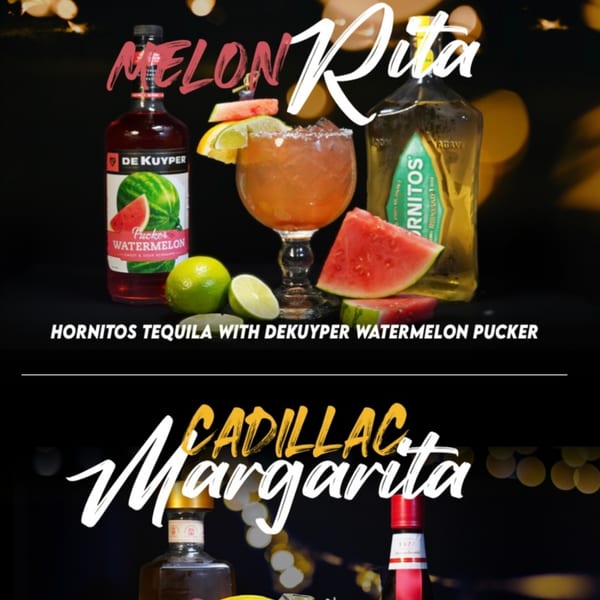 A Melon Rita cocktail with watermelon, lime, and bottles of Hornitos Tequila and De Kuyper Watermelon Pucker.