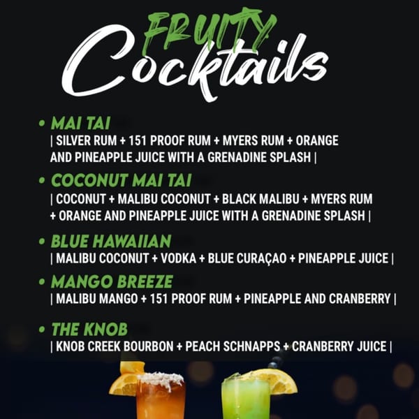 El Mirador 2's "Fruity Cocktails" menu with five drink options and two garnished cocktails.