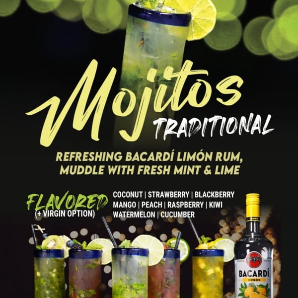 A menu advertising traditional and flavored mojitos, with several drinks and a bottle of Bacardi Limon.