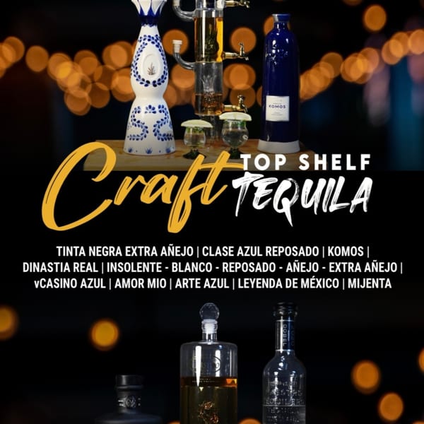 A display of various premium tequila bottles, including Clase Azul and Komos, with festive bokeh lights.