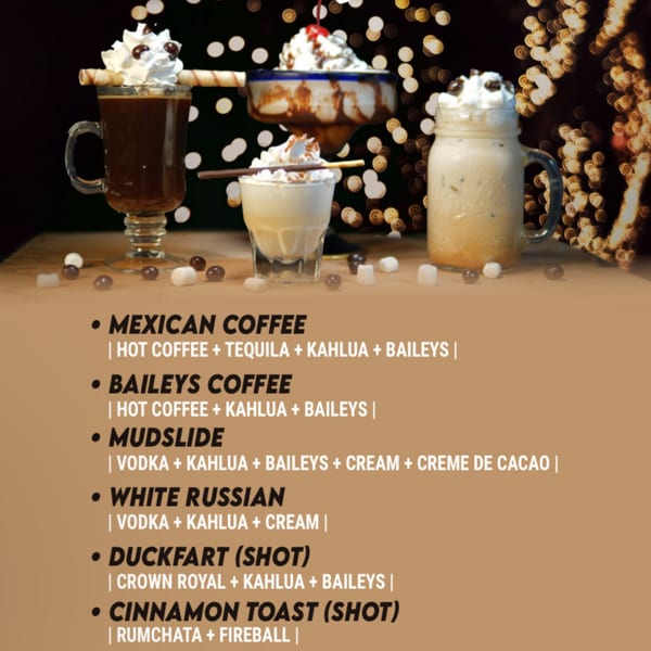 Three festive El Mirador 2 cocktails with whipped cream and garnishes, with a drink menu below.