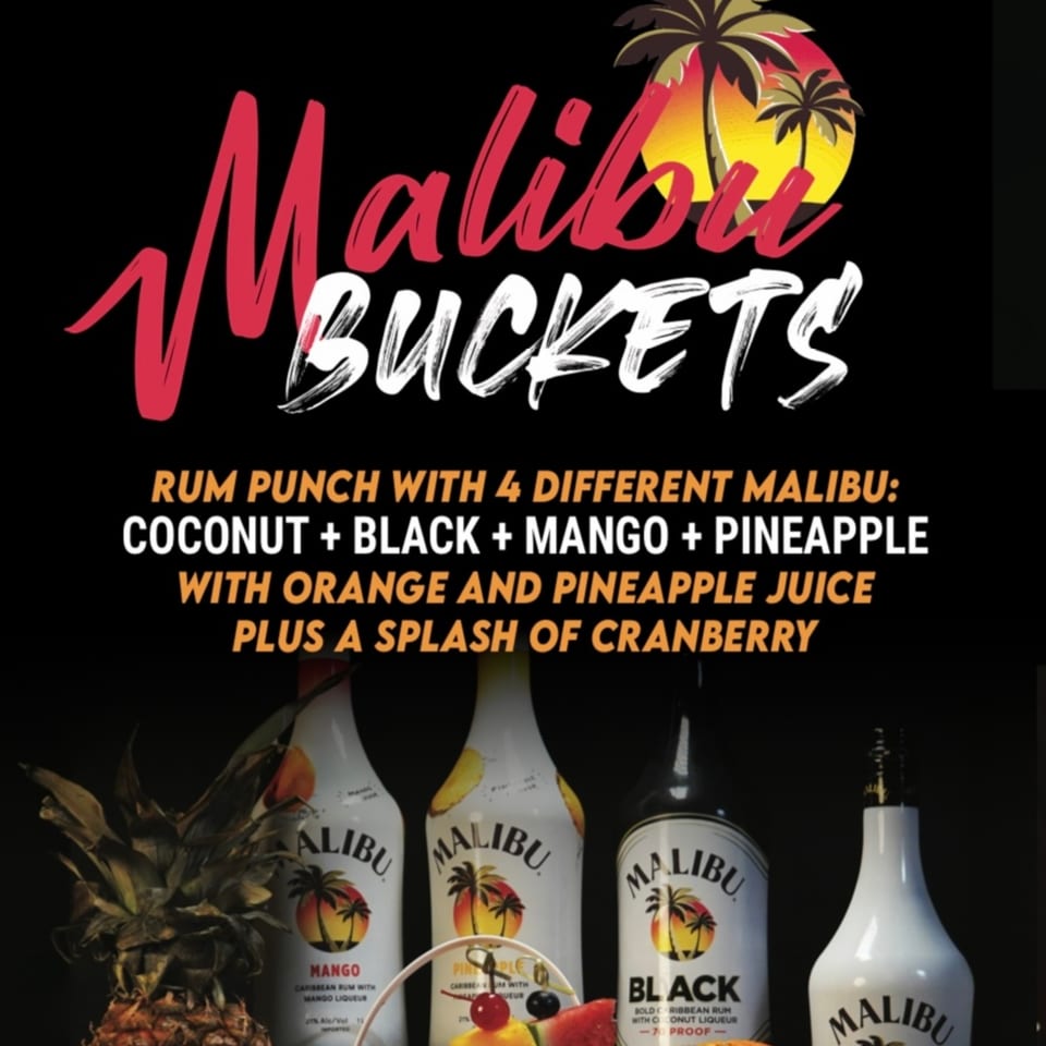 Malibu Buckets advertisement with four Malibu rum bottles and a pineapple on a black background.