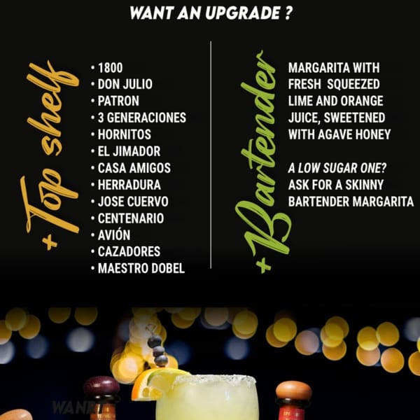 A menu for El Mirador 2, listing top-shelf tequilas and bartender margarita options.