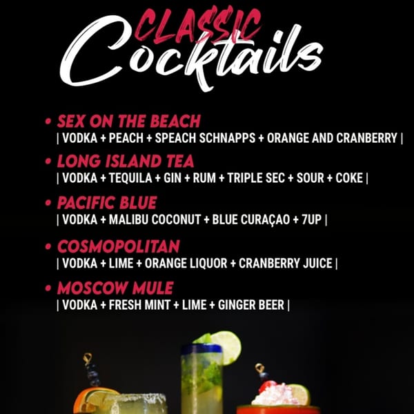 A menu of classic cocktails with ingredients listed, and three garnished drinks below.